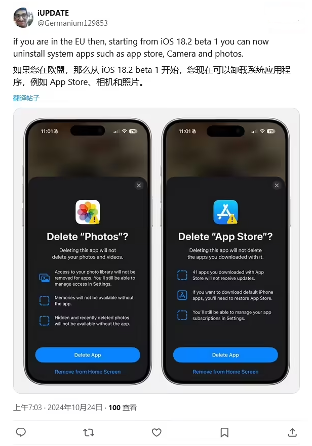 光坡镇苹果手机维修分享iOS 18.2 支持删除 App Store 应用商店 