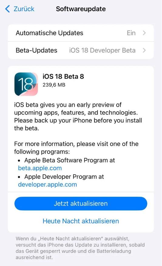 光坡镇苹果手机维修分享苹果 iOS / iPadOS 18 开发者预览版 Beta 8 发布 